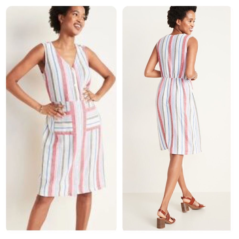 Old Navy Size Medium Linen Blend Sleeveless Striped Midi Dress Pockets